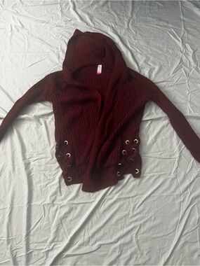 Women's Lace-Up Knit Sweater Hoodie in Deep Burgundy